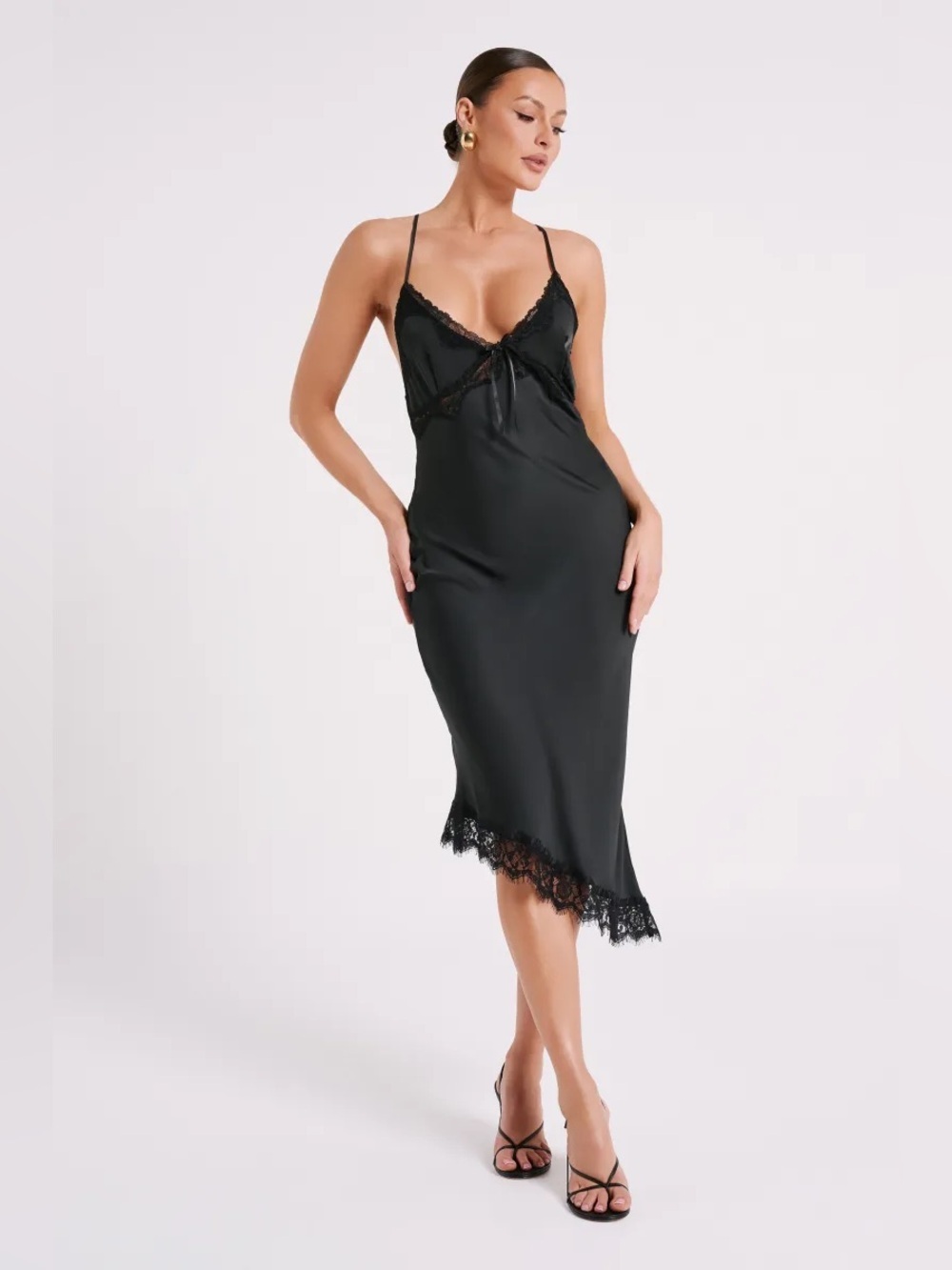 Meshki Black Lace-Trim Satin Slip Midi Dress